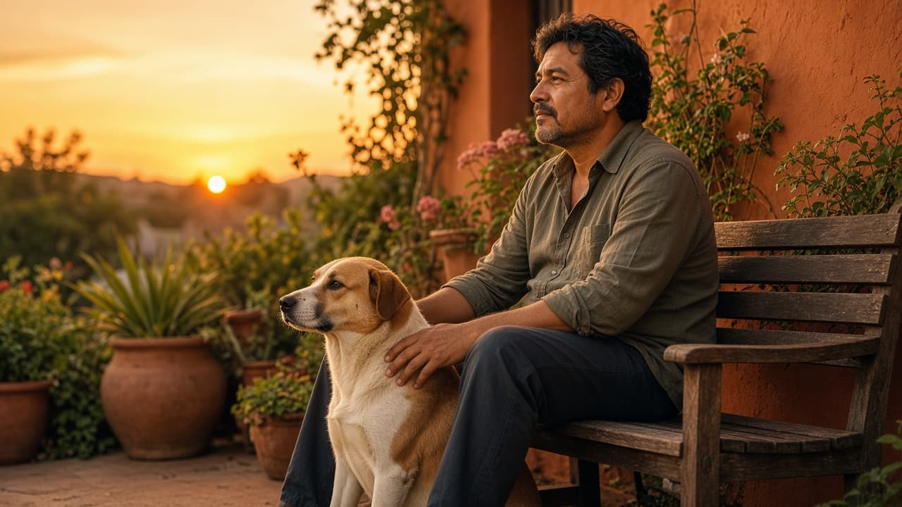 Una persona y su perro se detienen juntos al atardecer, el encuentro y el cuidado que Petalia quiere acompañar